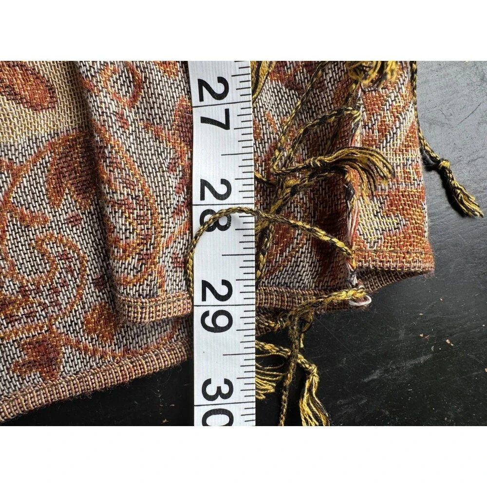 Pashmina Silk Blend Shawl or Wrap, Paisley Brown Tan Gold, Fringe ~28x70